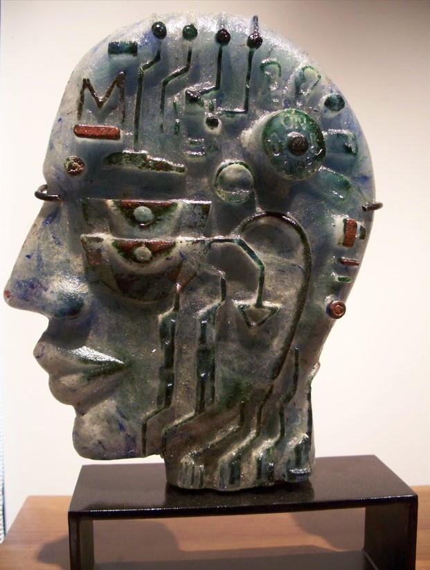 Glass sculpture titled wired head